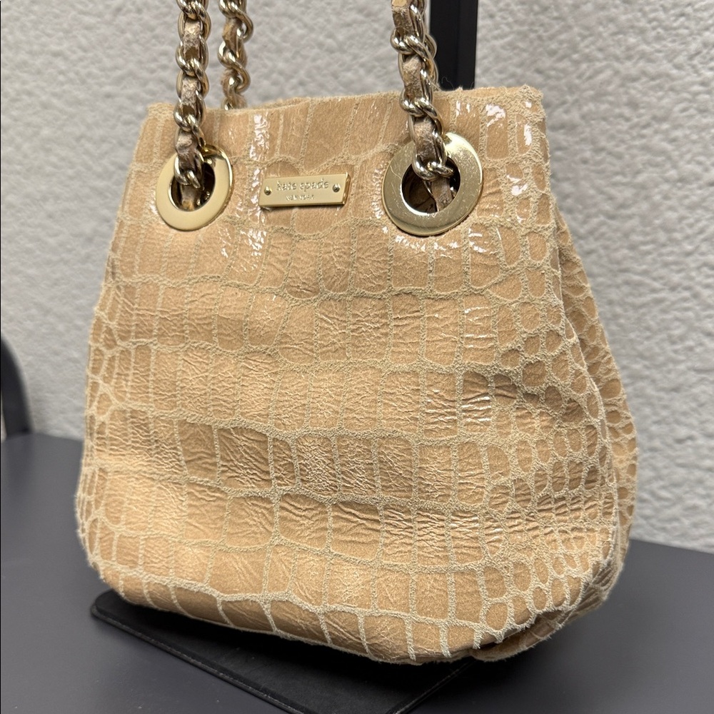 Kate Spade New York Tan Croc-Embossed Mini Soulder Bag with Gold Chain